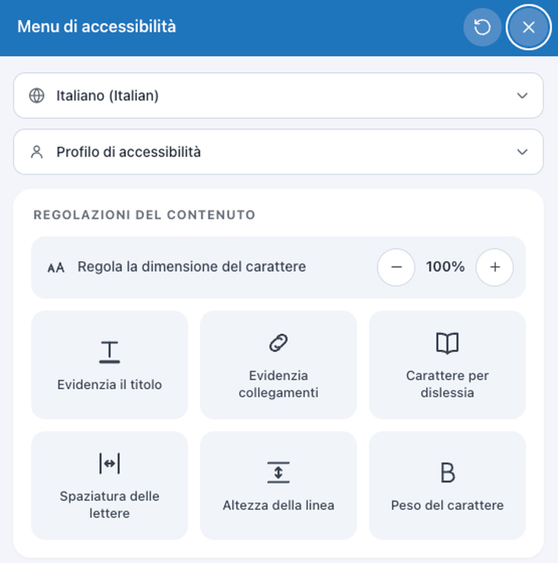 Menu di accessibilità del widget Accessibi: regolazioni del contenuto e dimensione del carattere